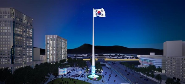  서울시가 100ｍ 높이에 태극기가 게양된 대형 조형물을 서울 종로구 광화문광장에 설치한다고 6월 25일 밝혔다. 사진은 광화문광장에 설치된 태극기가 게양된 대형 조형물 조감도.