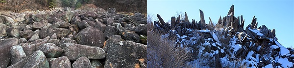 둥글둥글한 '돌강'은 경사 15도, 날카로운 '너덜겅'은 경사 30도의 사면에 쌓여 있다. 오른쪽 사진은 너덜겅 중에서도 대표적으로 뾰족뾰족하여 '칼바위'라 불리는 것으로 조화봉(낙동강강우관측소) 입구에 있다.