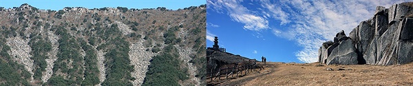  세계 제1의 장관을 자랑하는 비슬산 돌강 유적을 눈부시게 보려면 '금수덤 전망대'를 찾아야 한다(왼쪽 사진). 산바위(tor) 구경은 대견사 터 일대가 가장 좋다. 