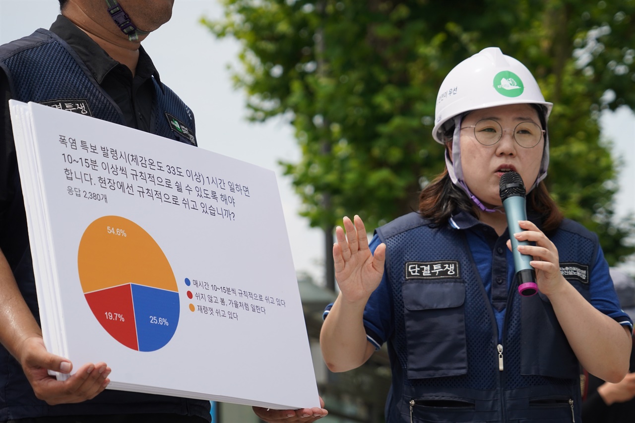  건설노조는 여름철 작업장 온습도를 측정하고, 현장에서 폭염 대책이 얼마나 이행되는지 조사를 매년 실시해왔다. 폭염 관련 기자회견 중인 전재희 건설노조 노동안전보건실장.
