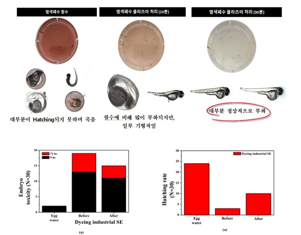 염색산업 제브라피쉬 독성실험 염색산업 폐수의 경우 플라즈마 처리시 제브라피쉬 배아독성 63%→20%로 감소, 부화율 13%→47%로 증가