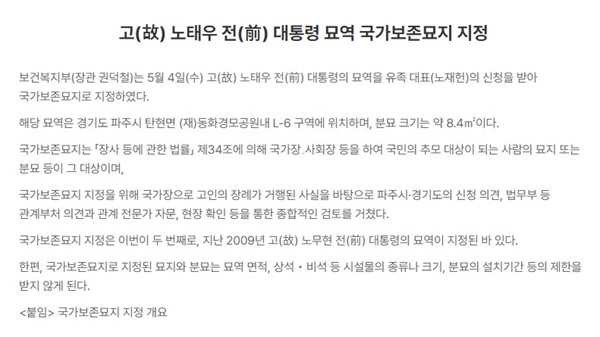  보건복지부의 노씨 묘역 국가보존묘지 지정 고시