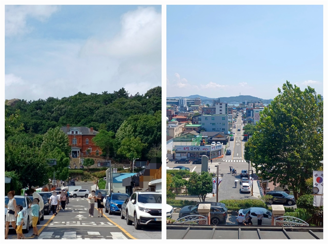 구 일본영사관 왼쪽은 시내 중심 도로에서 본 구 영사관 건물. 오른쪽은 영사관 2층 중앙 창에서 본 시내 풍경 사진 끝에 고하도 케이블카 기둥이 보인다. 