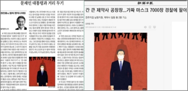  (좌) 2020년 3월 4일자 조선일보 칼럼에 사용된 문재인 대통령 일러스트 (우) 2020년 8월 10일 범죄 기사에 사용된 같은 일러스트