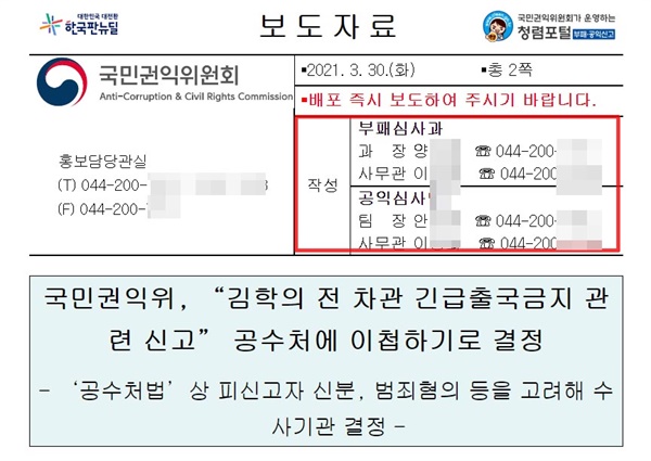 통상적인 권익위 보도자료 권익위가 2021년 3월 30일 발표한 ‘김학의 전 법무부 차관 긴급출국금지 관련 신고’ 사건 보도자료에 조사 담당 실무 부서와 실무자 이름이 표시돼 있다.