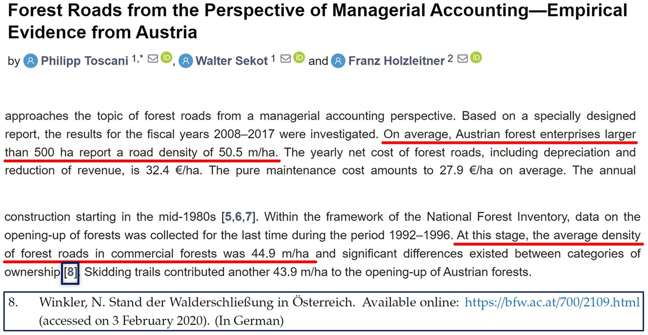  산림청이 오스트리아의 임도밀도가 50.5m/ha라고 주장하는 근거가 되는 논문의 원문. 원문에는 500ha 이상의 임업기업 소유의 도로밀도가 50.5m/ha이고, 전체 상업용 산림의 도로밀도는 44.9m/ha라고 되어 있다. 그리고, 해당 자료는 임의의 자료가 아닌, 오스트리아 연방산림연구센터의 자료를 인용한 것이라 친절히 알려주고 있다. 