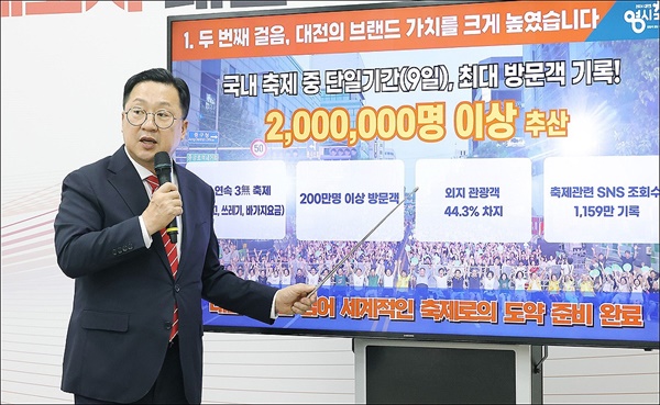  이장우 대전시장이 2024 대전0시 축제 결산 브리핑을 하고 있다.