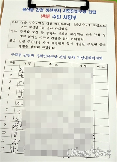  22일에는 구즉동 주민들이 긴급회의를 열고 주민들과 협의나 동의 없이 벌이는 인조 잔디야구장 건립에 반대하기로 하고, 비상대책위(구즉동 갑천변 사회인야규장 건설반대 비상대책위)를 구성했다.