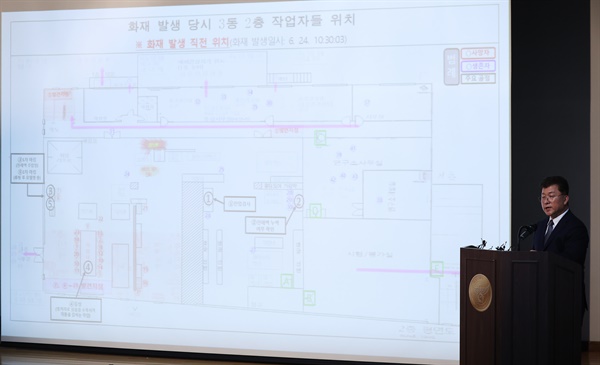  김종민 경기남부경찰청 아리셀 화재 사고 수사본부장이 23일 오전 경기도 화성시 남양읍 화성서부경찰서에서 23명의 사망자가 발생한 아리셀 공장 화재 사고 수사 결과를 발표하고 있다.