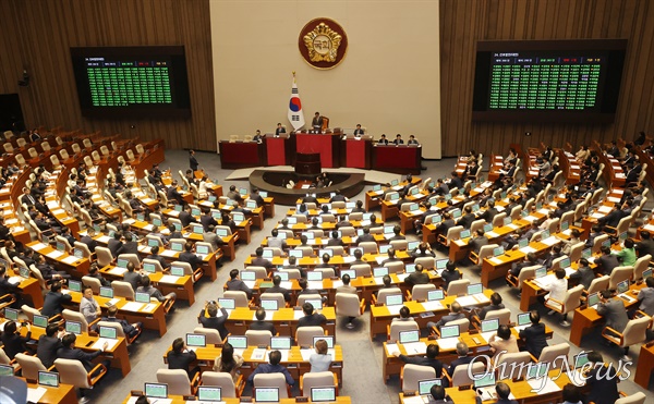  28일 오후 서울 여의도 국회에서 간호법이 재석 290명 중 찬성 283명, 반대 2명, 기권 5명으로 가결됐다.