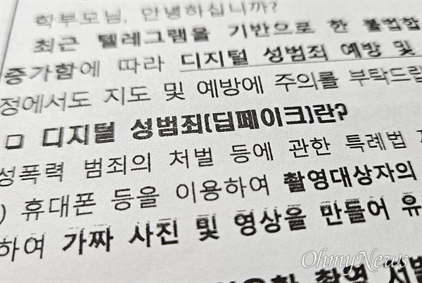  딥페이크(불법합성물) 성범죄 관련 주의 예방 공문. 자료사진