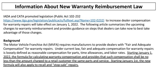 새로운 보증수리 환급법 보증수리 카센터의 권익을 강화한 개정 법안, 갈무리된 내용을 보면 '공정하고 적절한 보상'을 제공하도록 그동안 법안이 부품, 시간 수당, 인건비에 느슨하게 정의된 부분을 강화, 시중가 이상으로 제조사가 보증수리 카센터에 소요 비용을 지급해야 한다고 명시되어 있다.