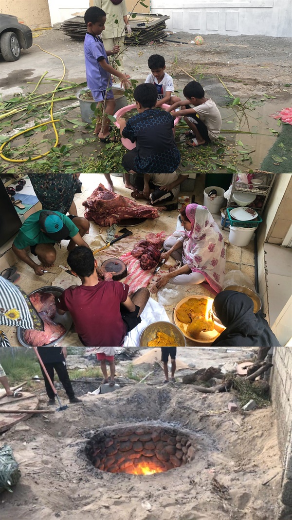 명절 식사 준비가 한창인 오만사람들 EID를 맞아 특별 의례를 준비하느라 분주하다. 도축된 소를 손질하는 사람, 커다란 냄비에 양념을 넣는 사람, 주위에서 술래잡기하며 노는 장난꾸러기까지 명절을 채운다. 가족들은 모두 옆집에 살아 한 마을을 이루고 있으며 고기가 다시 나오면, 마을 가족 다 같이 먹는다. 다 같이 먹을 고기를 다 함께 둥그렇게 앉아 손질하고, 커다란 냄비에 대량의 음식을 만들어 펼쳐놓고 먹으며 서로가 연결됨을 느낀다.