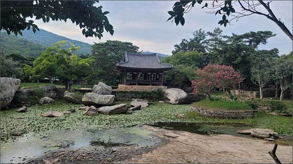 물이 마른 세연정 물이 마른 세연정은 날이 약간 흐려서인지 명경지수 위의 모습이 아니었다.