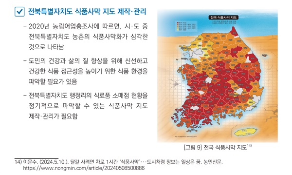  전북연구원이 발행한 '농촌지역 식품사막화(Food Desert)의 의미와 과제' 보고서. 해당 보고서에 실린 농민신문 제작 '전국 식품사막 지도'.