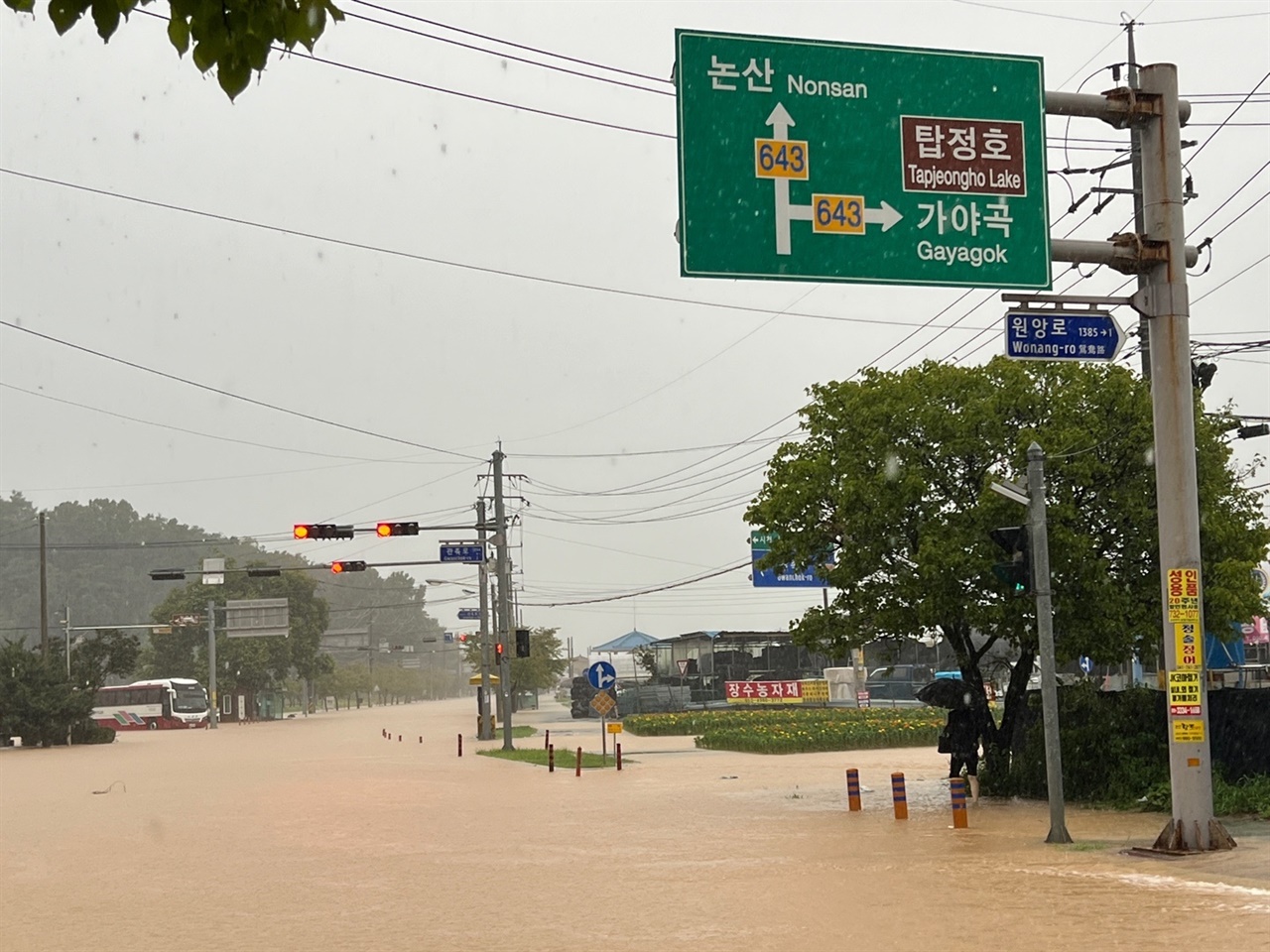  21일 오전 10시, 충남 논산 시내가 물에 잠겨 있다.