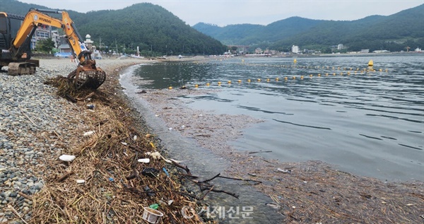  지난 7월 집중호우 때 거제지역 해안으로 더밀려 온 낙동강 쓰레기 모습. @거제시 제공