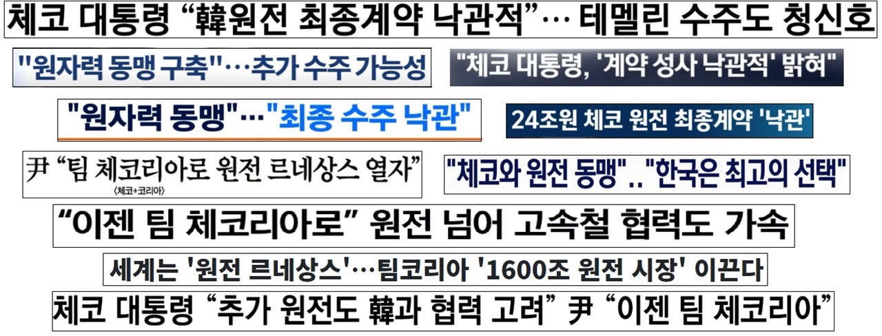  윤 대통령 체코순방 이후 원전 최종 수주를 낙관적으로 보도한 기사 제목(9/20~9/21)