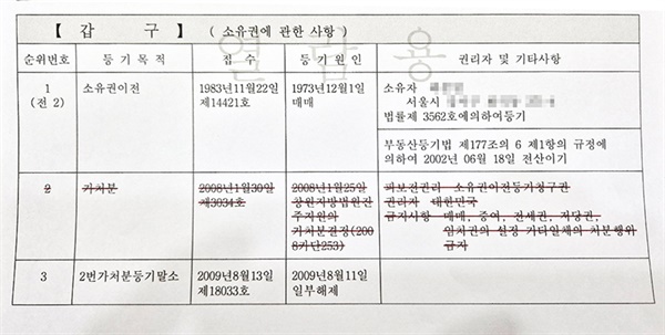  최연국 무덤이 자리한 사천시 곤명면 은사리 438번지 등기부등본. 2008년 정부는 소유권이전 등기 가처분 결정을 받았지만 2099년 8월 이를 해제했다. 