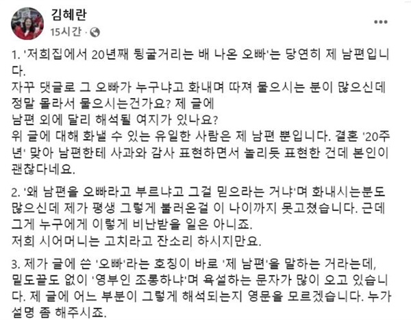  김혜란 국민의힘 대변인 페이스북 글 갈무리