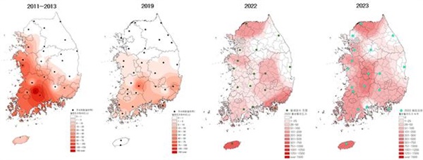 국내 주요 쯔쯔가무시증 주요 매개체인 활순털진드기의 분포지역 확대 남부지역에 분포하던 활순털진드기가 점차적으로 북상하는 경향을 보인다.