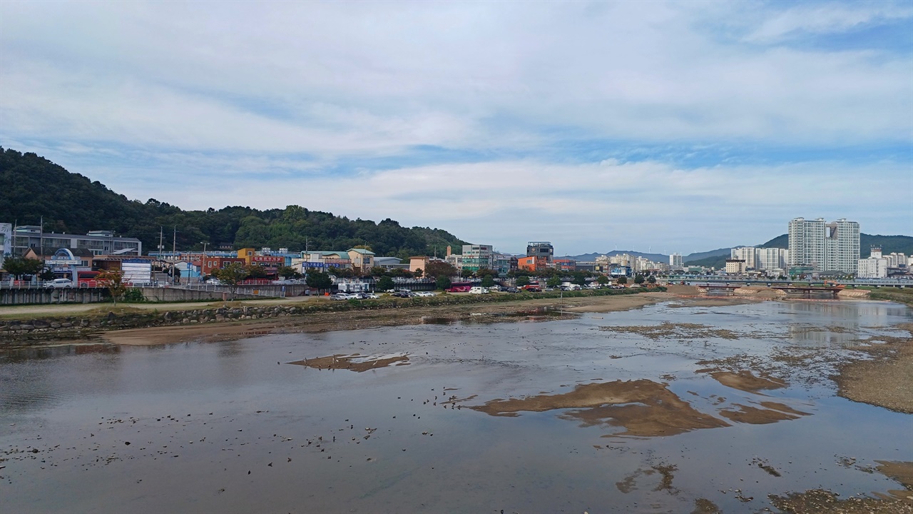 정남진토요시장 댐으로 수량이 적어 개천으로 변했다. 우안은 구도심, 좌안은 신도심이다.