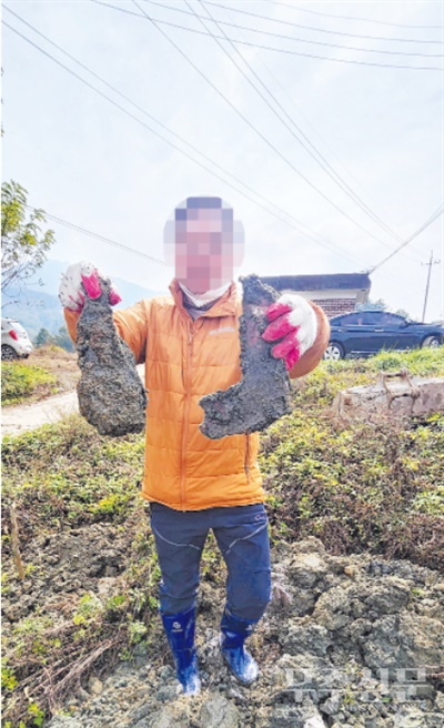  한 주민이 전북 무주군 안성면 죽장마을에 있는 한 돼지농장 뒤편 부지에서 발견된 돼지 사체 일부를 들어보이고 있다. 