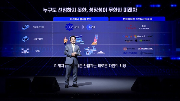  강기정 광주광역시장이 지난해 3월29일 오후 남구 광주실감콘텐츠큐브(GCC) 1층 VX스튜디오에서 미래차산업 경쟁력을 높이기 위한 4대 추진전략을 발표하고 있다.