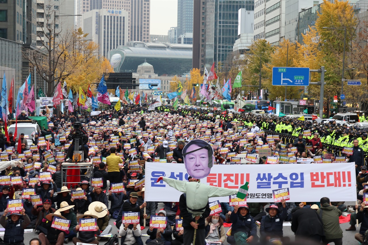  대회에 참석한 인파 속에 윤석열 대통령의 퇴진과 쌀수입을 반대하는 내용이 담긴 대형 현수막과 윤 대통령을 비판하는 허수아비 인형이 앞에 섰다.