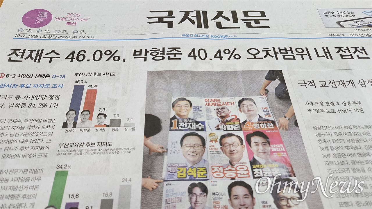 전재수 46.0%박형준 40.4%... 지역일간지 여론조사 '접전'